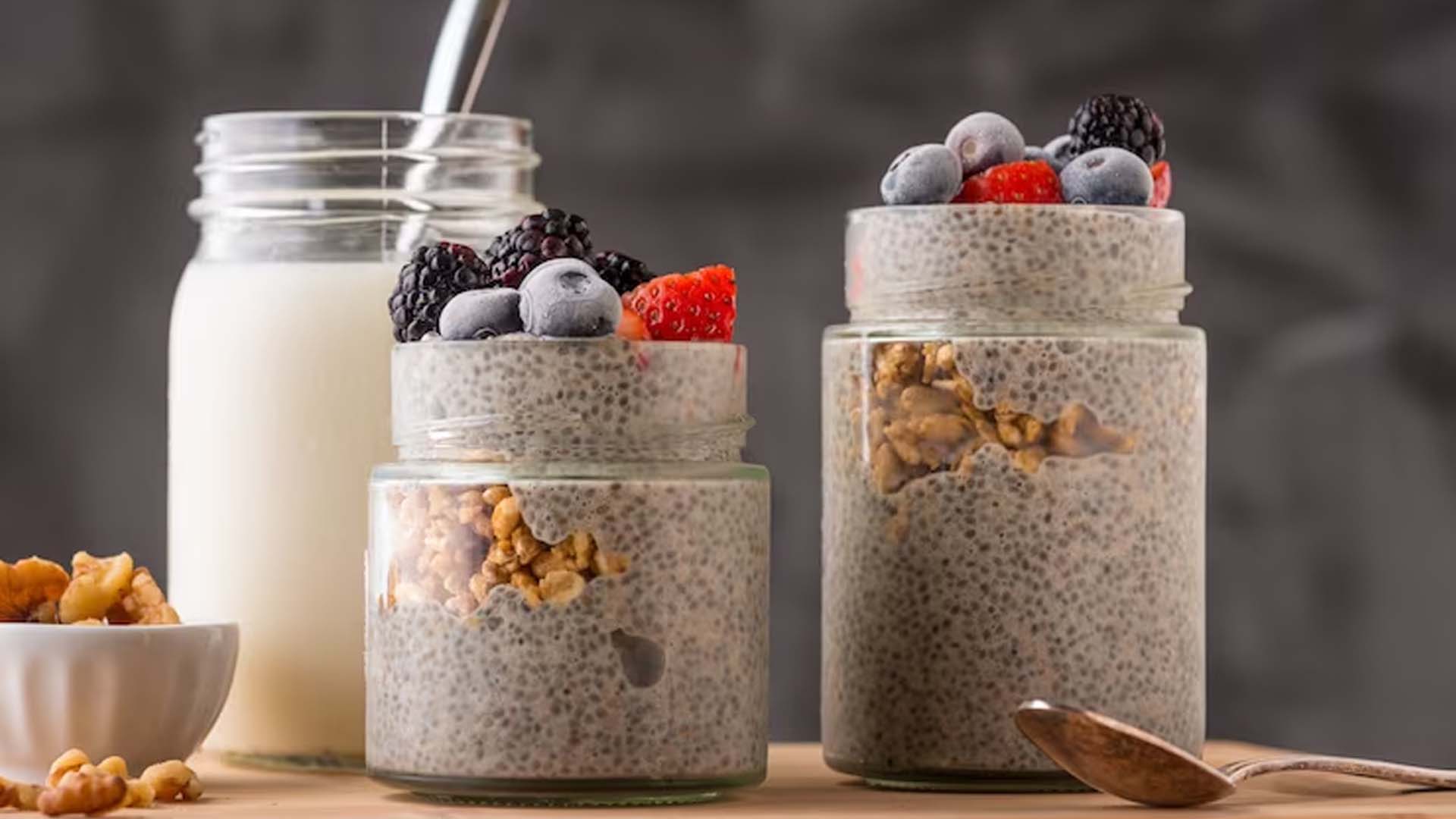 Chia seed pudding topped with berries and Walnuts