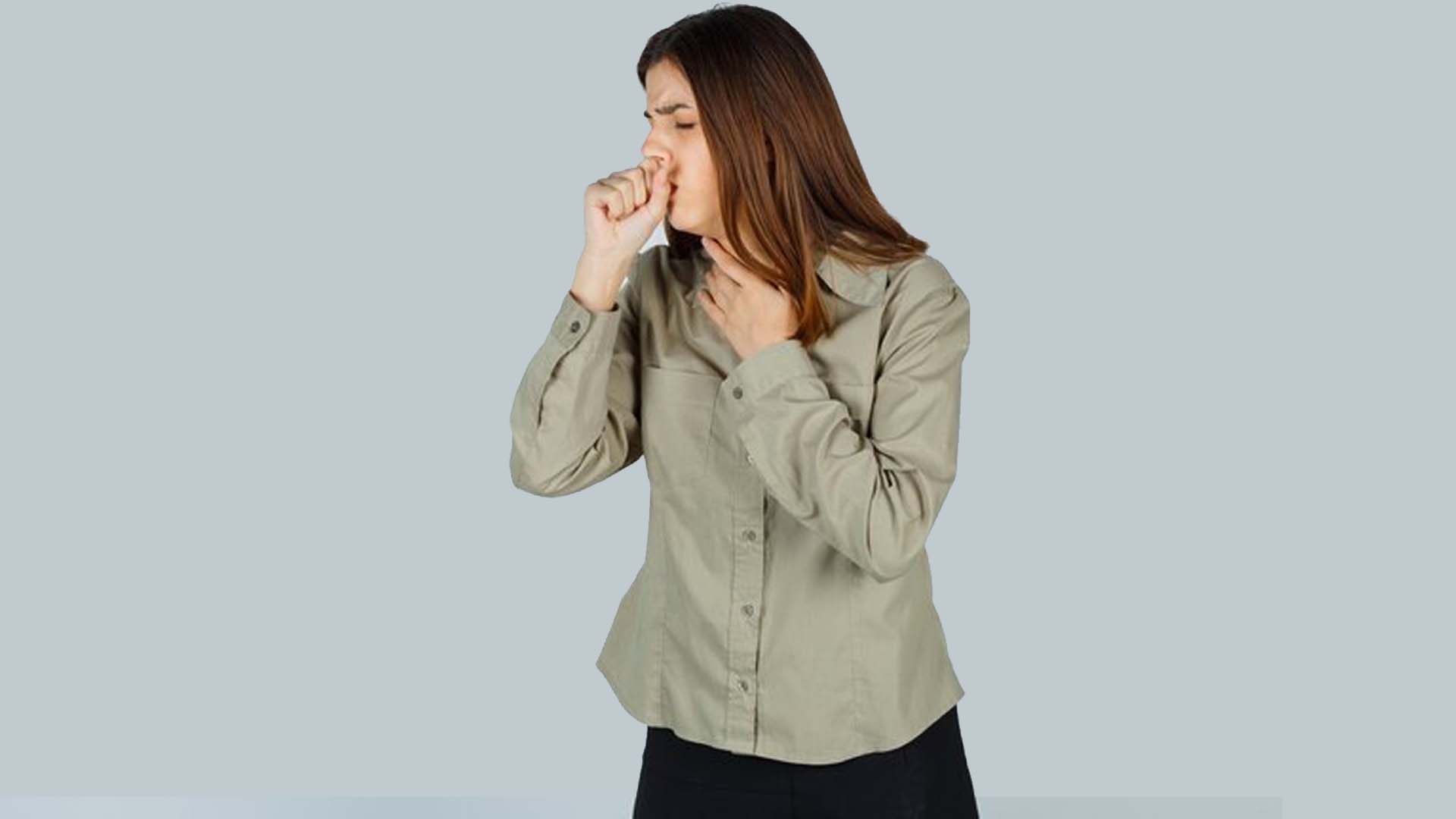 Women Wearing Shirt Coughing by holding Neck