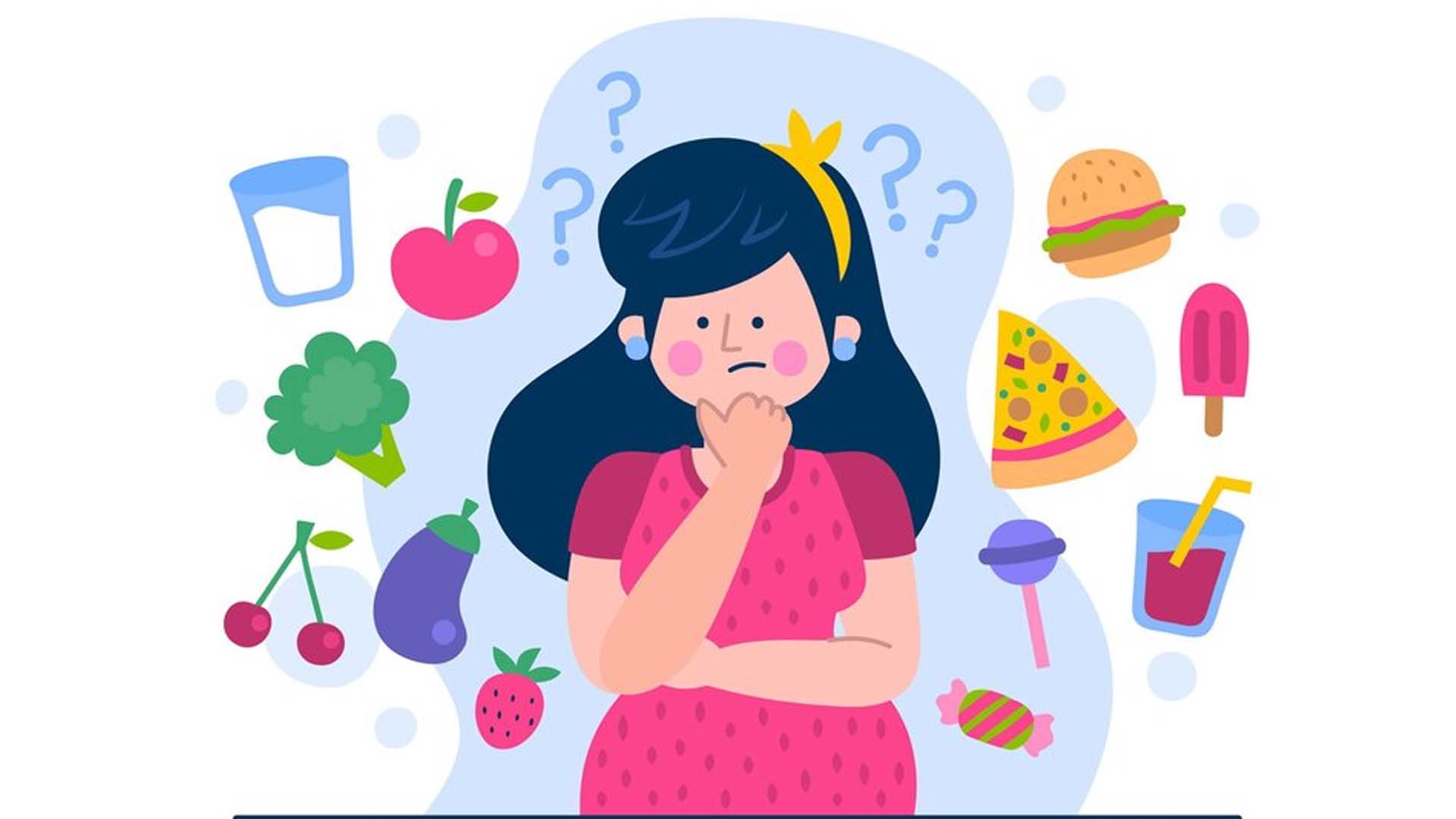 Female Choosing between healthy or unhealthy food
